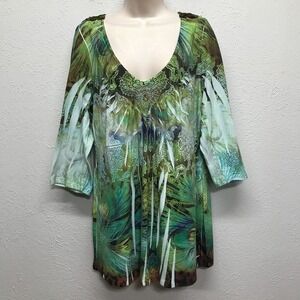 One World Tunic Top Sweater Womens Plus 1X Peacock Feathers 3/4 Sleeve Lace Back